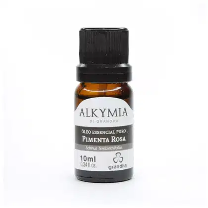 Frasco de óleo essencial puro de Pimenta Rosa da marca Alkymia, com rótulo branco e preto, contendo 10ml do produto.