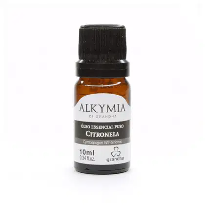 Frasco de óleo essencial de citronela da marca Alkymia di Grandha, com 10ml de conteúdo. O rótulo apresenta o nome do produto, a marca e a indicação de que se trata de um óleo essencial puro.