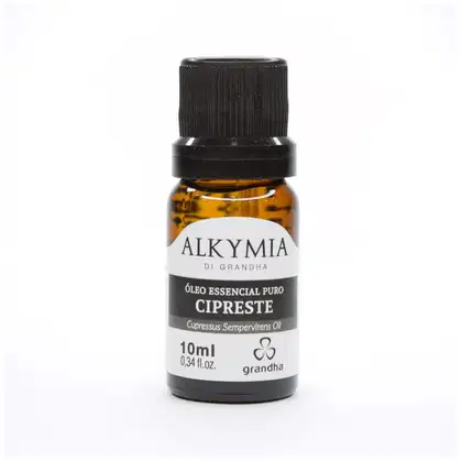 Frasco de óleo essencial puro de cipreste da marca Alkymia di Grandha, com rótulo branco e preto, contendo 10ml do produto.