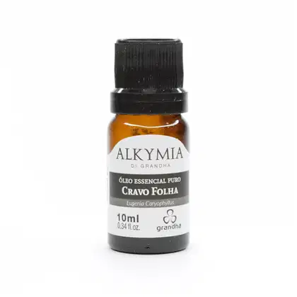 Frasco de óleo essencial puro de Cravo Folha da marca Alkymia, com rótulo branco e preto, contendo 10ml do produto.