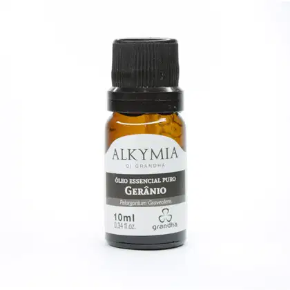 Frasco de óleo essencial puro de gerânio da marca Alkymia di Grandha, com 10ml de conteúdo. O rótulo apresenta o nome do produto, a composição botânica (Pelargonium Graveolens) e a indicação de que se trata de um óleo essencial puro.