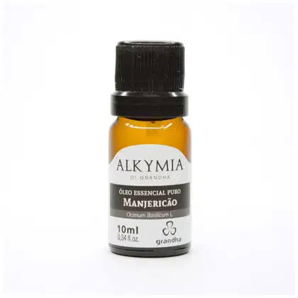 Frasco de óleo essencial puro de manjericão da marca Alkymia di Grandha, com rótulo branco e preto, contendo 10ml do produto.