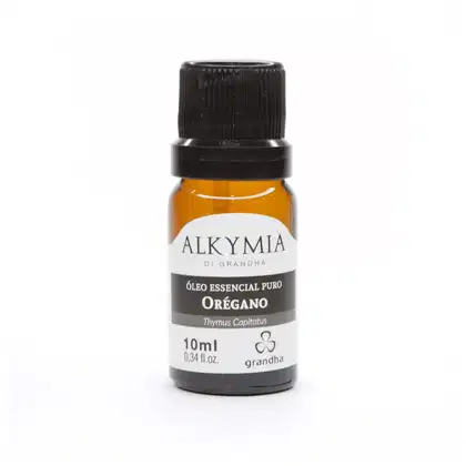 Frasco de óleo essencial puro de orégano da marca Alkymia di Grandha, com 10ml de conteúdo. O rótulo apresenta o nome do produto, a marca e a indicação de que se trata de um óleo essencial puro de Thymus Capitatus.