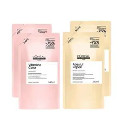 A imagem mostra um kit com 4 refis de shampoo. Sendo dois da linha Expert Vitamino Color com embalagens retangulares na cor rosa claro e dois da linha Absolut Repair, retangulares na cor amarelo claro.