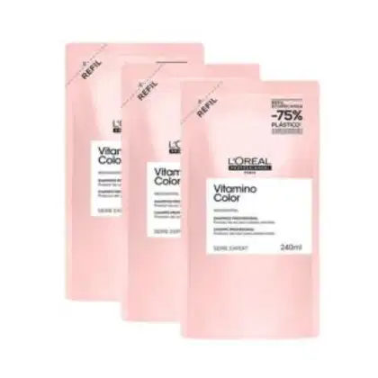 A imagem mostra um kit com 3 refis do shampoo Expert Vitamino Color. Suas embalagens são retangulares na cor rosa claro.