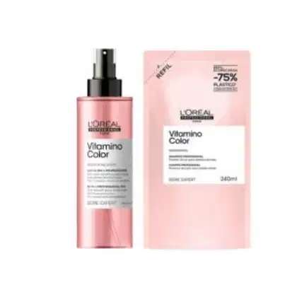 A imagem mostra o kit com leave-in e refil do shampoo, ambos da linha Expert Vitamino Color.