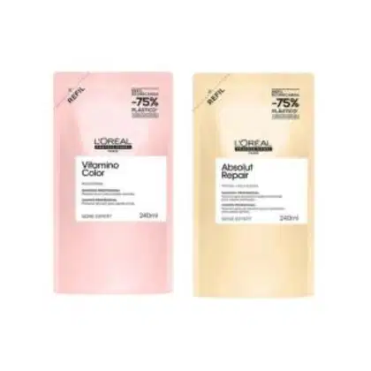 A imagem mostra um kit com 2 refis de shampoo. Sendo um da linha Expert Vitamino Color com embalagem retangular na cor rosa claro e outro da linha Absolut Repair, com embalagem retangular na cor amarelo claro.