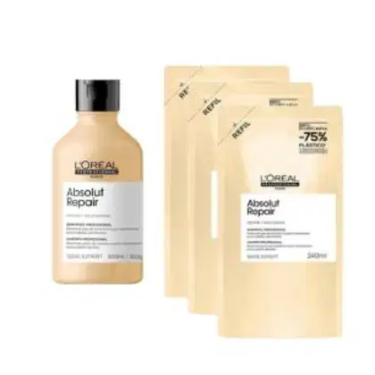 A imagem mostra um kit com shampoos, versão frasco padrão e versão refil. Sendo 1 frasco padrão e 3 refis de shampoo.