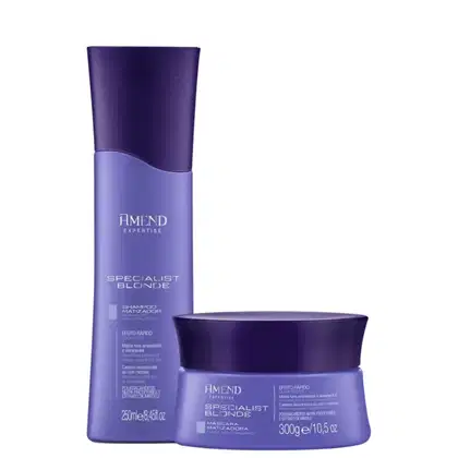 Produtos da linha Specialist Blonde da Amend Cosméticos, incluindo um frasco de shampoo matizador roxo e um pote de máscara matizadora roxa, com textos e rótulos visíveis na embalagem.