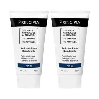 Dois tubos de desodorante antitranspirante da marca Principia, com 70ml cada.
