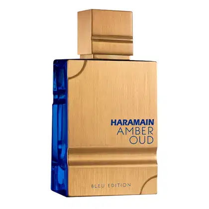 Frasco de perfume Haramain Amber Oud em embalagem dourada com detalhes em azul, contendo o texto "Bleu Edition" na lateral.