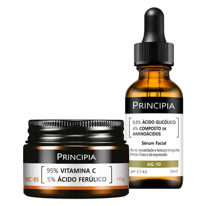 Dois produtos da marca Principia: um frasco de soro facial com rótulo preto e laranja, e um pote de creme facial com rótulo preto e laranja, contendo informações sobre os ingredientes e benefícios dos produtos.