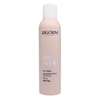 O produto apresentado é um spray de brilho aerossol da linha "my style" da marca Rigolum Hair & Co. A embalagem é um frasco branco com o nome da marca e do produto impresso em letras azuis. O frasco possui um formato cilíndrico e contém 300ml do produto.