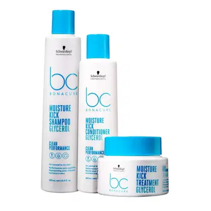 Três produtos da linha Bonacure da Schwarzkopf Professional: shampoo, condicionador e tratamento capilar em embalagens brancas e azuis com o logotipo da marca.