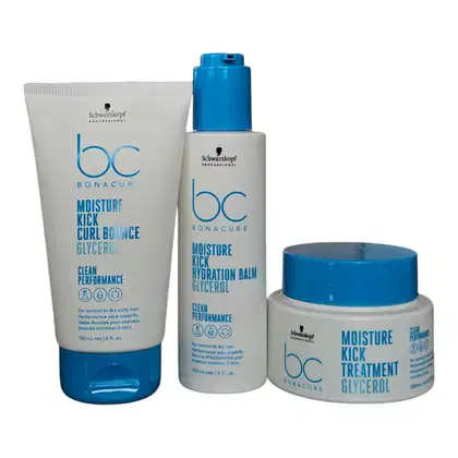 Produtos da linha Bonacure da Schwarzkopf Professional: creme de hidratação, bálsamo hidratante e tratamento capilar, todos em embalagens azuis com logotipos brancos.