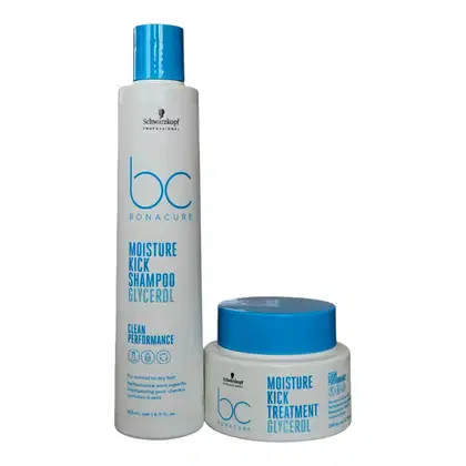 A imagem mostra produtos da Schwarzkopf Professional é composto por um frasco de shampoo Moisture Kick e um pote de tratamento Moisture Kick, ambos com embalagens brancas e azuis. O shampoo possui 250 ml e o tratamento 200 ml,