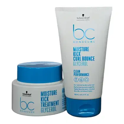 Dois produtos Schwarzkopf Professional da linha Bonacure: um pote branco com rótulo azul contendo "Moisture Kick Treatment Glycerol" e um tubo branco com rótulo azul contendo "Moisture Kick Curl Bounce Glycerol".
