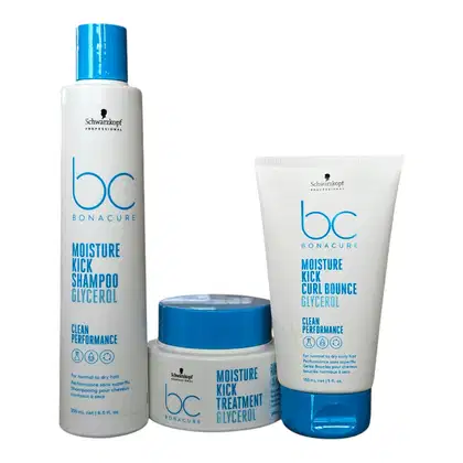 Produtos Schwarzkopf Professional da linha Bonacure: shampoo, tratamento e creme para cabelos com glicerol, em embalagens brancas e azuis, com rótulos indicando os benefícios de hidratação e performance.