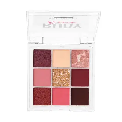 Paleta de sombras Sweets Collection, da marca Ruby Kisses. São noves cores com tons neutros, que se aproximam do vermelho, rosa e vinho.