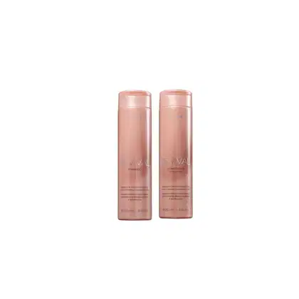 Dois frascos de produtos Braé Revival, um shampoo e um condicionador, em embalagens rosadas com detalhes em prata. Os frascos possuem formato cilíndrico e rótulos com o nome do produto.