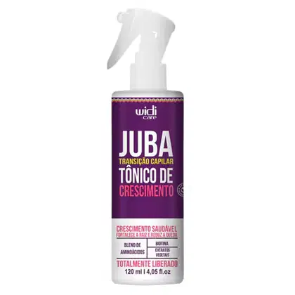 Frasco branco com rótulo roxo e amarelo da marca Widi Care, contendo o produto "Juba - Tônico de Crescimento" para transição capilar, com blend de aminoácidos e biotina, totalmente liberado.