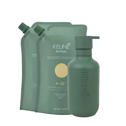 Kit Keune So Pure Restore Refil + Dispenser, 3 produtos.