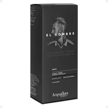 Caixa preta de coloração semipermanente para cabelo, barba, bigode e costeleta da marca Acquaflora, com informações sobre o produto em texto branco.