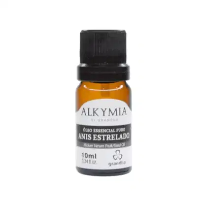 Frasco de óleo essencial puro de anis estrelado da marca Alkymia, com rótulo branco e preto, contendo 10ml do produto.