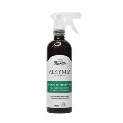 Frasco de spray de 500 ml com rótulo branco e preto da marca Alkymia, contendo um fluido antisséptico para práticas funcionais em terapias integrativas.