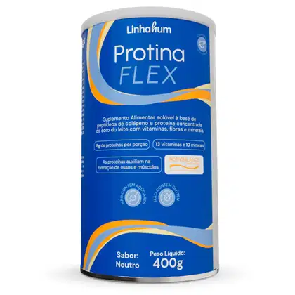 Suplemento alimentar em pó da marca Linhahum, chamado "Protina FLEX". O produto é descrito como contendo peptídeos de colágeno, proteína concentrada e vitaminas, fibras e minerais.