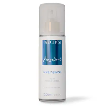Frasco branco de 200ml contendo Body Splash da linha Angelical da marca Barbour's Beauty, com rótulo azul e texto em branco indicando o nome do produto e a fragrância de melão e sândalo.