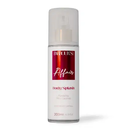 Frasco de corpo Barbour's Beauty Affair, com rótulo vermelho e branco, contendo 200ml de produto para aplicação corporal com fragrância de mandarina, mel e caramelo.