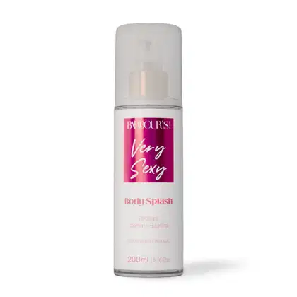 Frasco de corpo com rótulo rosa e branco da marca Barbour's Beauty, contendo "Very Sexy Body Splash", um produto de beleza com fragrância.