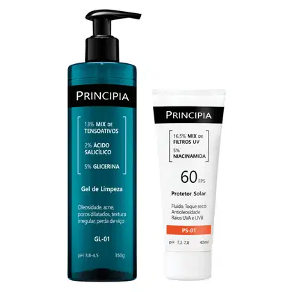 Gel de limpeza Principia com 13% de tensoativos, 2% de ácido salicílico e 5% de glicerina, em embalagem de 350g com bomba. Protetor solar Principia com FPS 60, 16,5% de filtros UV e 5% de niacinamida, em tubo de 40ml.