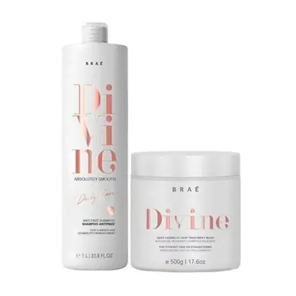 O produto de beleza Braé apresenta um frasco branco com rótulo rosa contendo "Divine Absolutely Smooth" e uma embalagem branca com o mesmo rótulo rosa contendo "Deep Cosmetic Hair Treatment Mask".