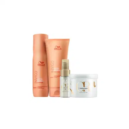 Produtos Wella Professionals: frasco laranja de Nutri-Enrich, frasco branco de Oil Reflections Light, e pote branco de Oil Reflections, apresentando embalagens e rótulos característicos da marca.
