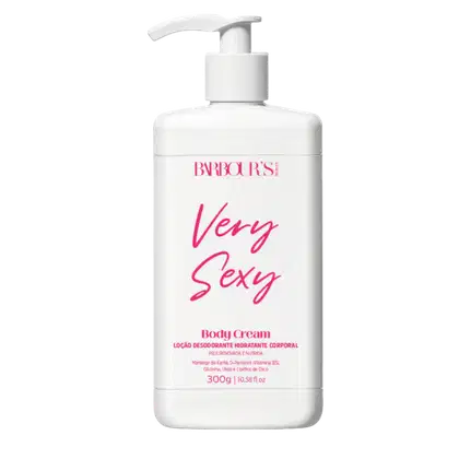 Frasco branco com bomba doseadora contendo o produto de beleza "Very Sexy Body Cream" da marca Barbour's Beauty, com texto rosa destacado na embalagem.
