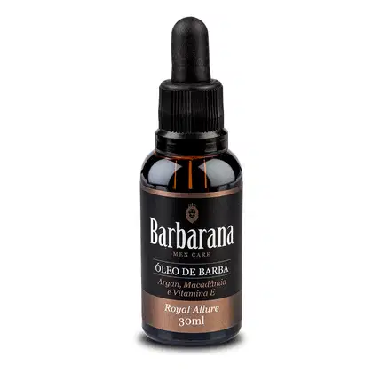 óleo de barba da marca Barbarana. O frasco é preto com um rótulo branco e dourado, contendo informações sobre os ingredientes do produto, que incluem óleo de argan, óleo de macadâmia e vitamina E. O frasco possui um conta-gotas preto na parte superior.