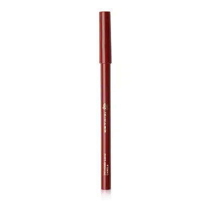 Delineador labial Petrizi Makeup em embalagem vermelha, com design cilíndrico e cor  "Canela" impresso.