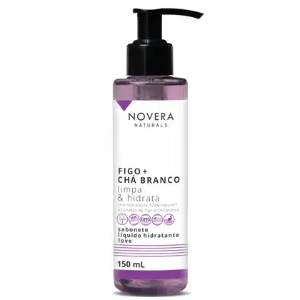 Frasco de sabonete líquido hidratante da marca  Left Cosméticos Novera Naturals, com 150 mL, contendo extrato de figo e chá branco, com rótulo em branco e roxo.