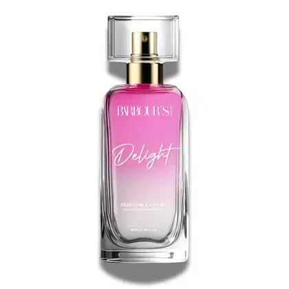 Frasco de perfume capilar Barbour's Beauty Delight, com embalagem de vidro transparente e tampa dourada, contendo um líquido rosa em degradê. O rótulo apresenta o nome da marca e do produto em destaque.