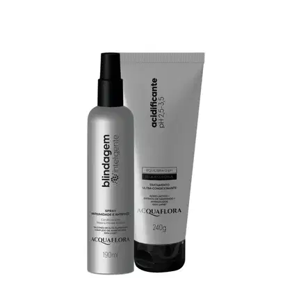 Spray antifrizz e tratamento ultra condicionante Acquaflora em embalagens de plástico preto e cinza. O spray possui 190ml e o tratamento 240g, com rótulos indicando os benefícios dos produtos.