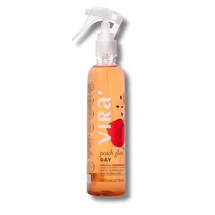 Frasco de spray com 200 ml de produto para brilho e termoproteção, com rótulo laranja e vermelho exibindo o nome "Virá Peach Glow Day".