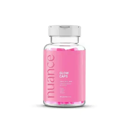 Suplemento alimentar em cápsulas da marca Nuance Professional, com o nome "Glow Caps" impresso no rótulo. O frasco é de vidro transparente, com uma tampa branca.