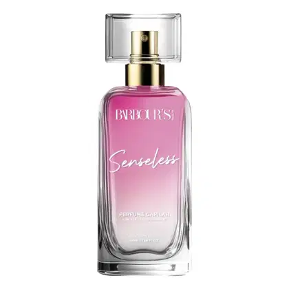 Frasco de perfume Barbour's Beauty Senseless, com embalagem de vidro transparente e tampa dourada. O rótulo apresenta o nome do produto em letras grandes e rosa.