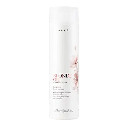 Frasco branco cilíndrico de condicionador Braé Blonde Oil, com rótulo em preto e rosa, contendo 250ml do produto para nutrição regeneradora de cabelos loiros.