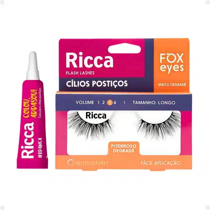 Imagem do produto Cílios Postiços + Cola Branca Ricca Belliz Fox Eyes Poderoso Degradê Vol:3 Longo Cód.2693