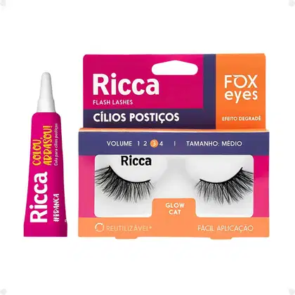 Imagem do produto Cílios Postiços + Cola Branca Ricca Belliz Fox Eyes Glow Cat Vol:3 Médio Cód.2694