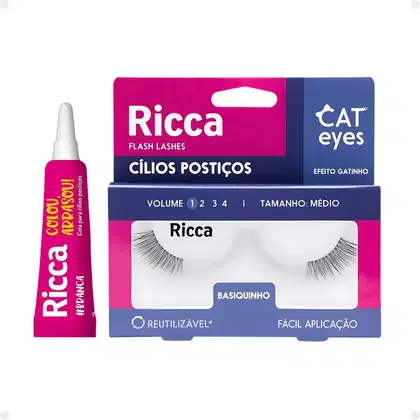 Imagem do produto Cílios Postiços + Cola Branca Ricca Belliz Cat Eyes Basiquinho Vol:1 Médio Cód.2704