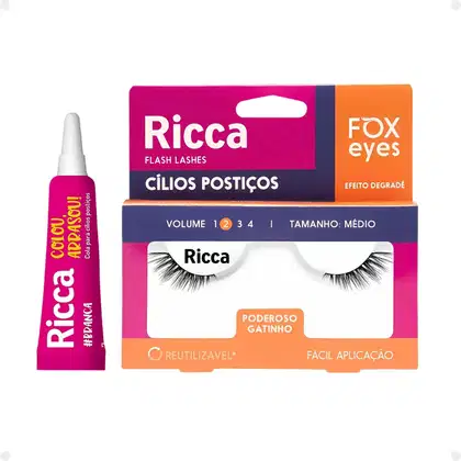 Imagem do produto Cílios Postiços + Cola Branca Ricca Belliz Fox Eyes Poderoso Gatinho Vol:2 Médio Cód.2697